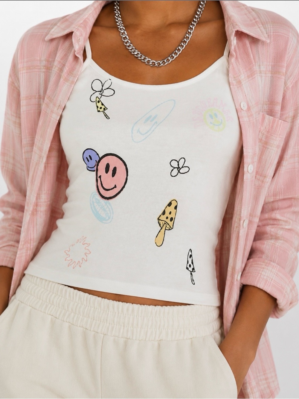 Daydreamer LA Doodles Smiley Mushrooms Ribbed Tank Antique White  XS